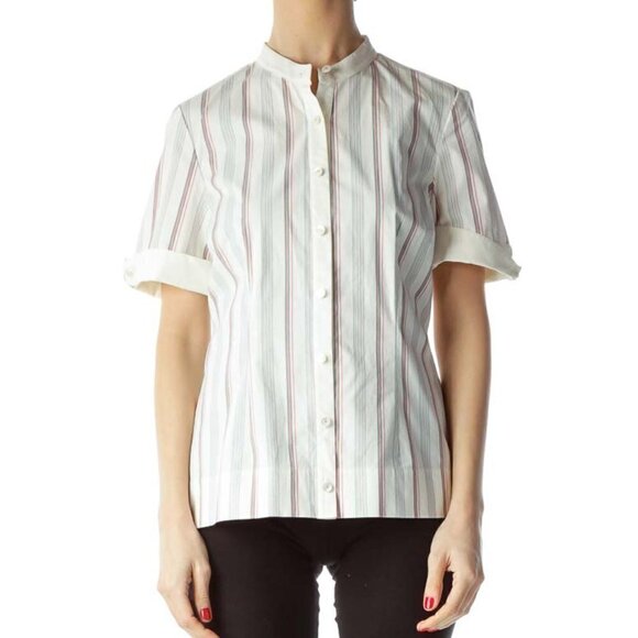 Penguin Cream Pink Green Striped Short Sleeve Shirt - Picture 1 of 3